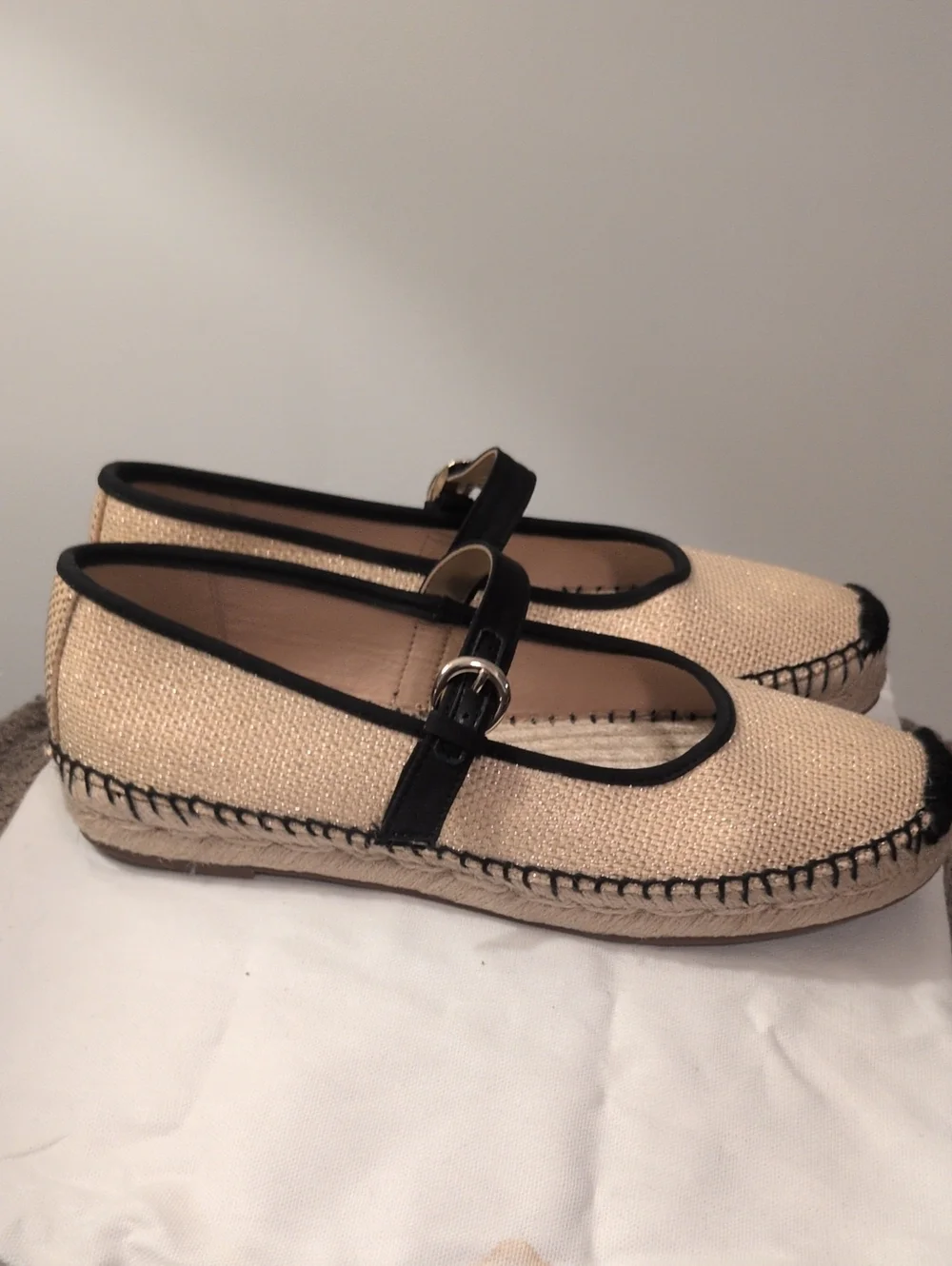 J. Crew Woven Metallic Mary Jane Espadrille with Black Trim SZ